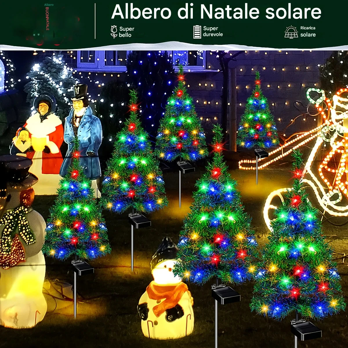 Decorazioni natalizie solari: alberi con luci a LED